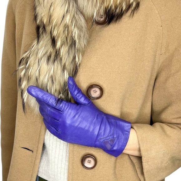 Vintage 60s 70s purple leather geometric suede detail short gloves - Picture 1 of 12